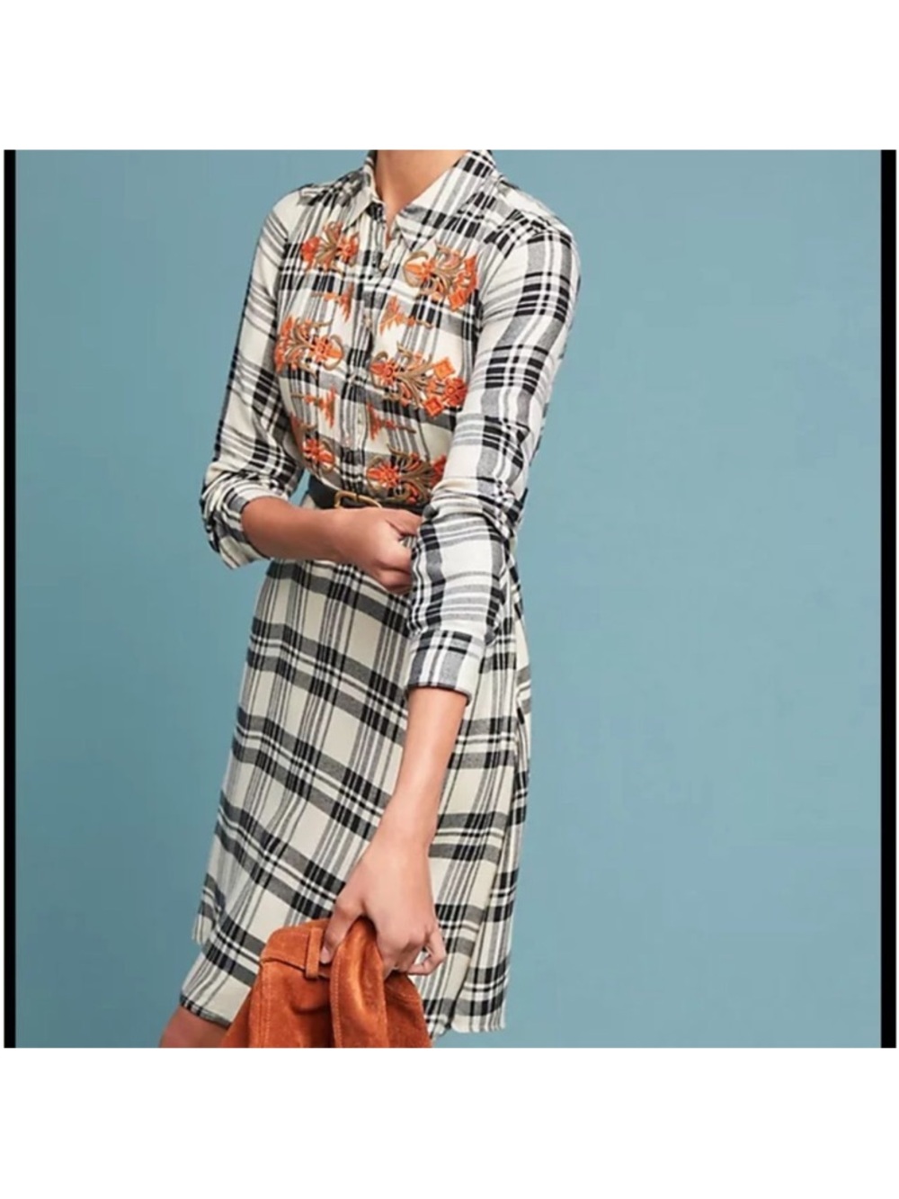 Anthropologie Plaid Dress with Orange Floral Embroidery